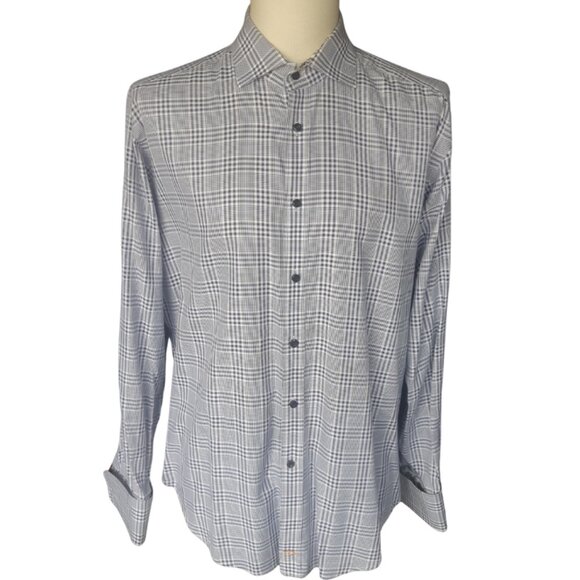 Thomas Dean SZ M French Cuff 100% Cotton Navy/White Plaid Men's Button Up Shirt - Picture 1 of 15